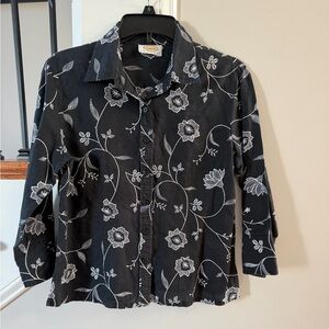Talbots Petite Women's Linen Blend Black Button Up Shirt Embroidered Size 8P